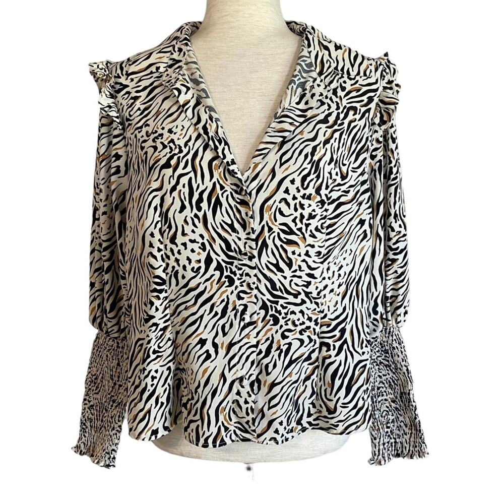 TOPSHOP Black & White Frill Shirred Button Down Shirt Size 10 Business Casual